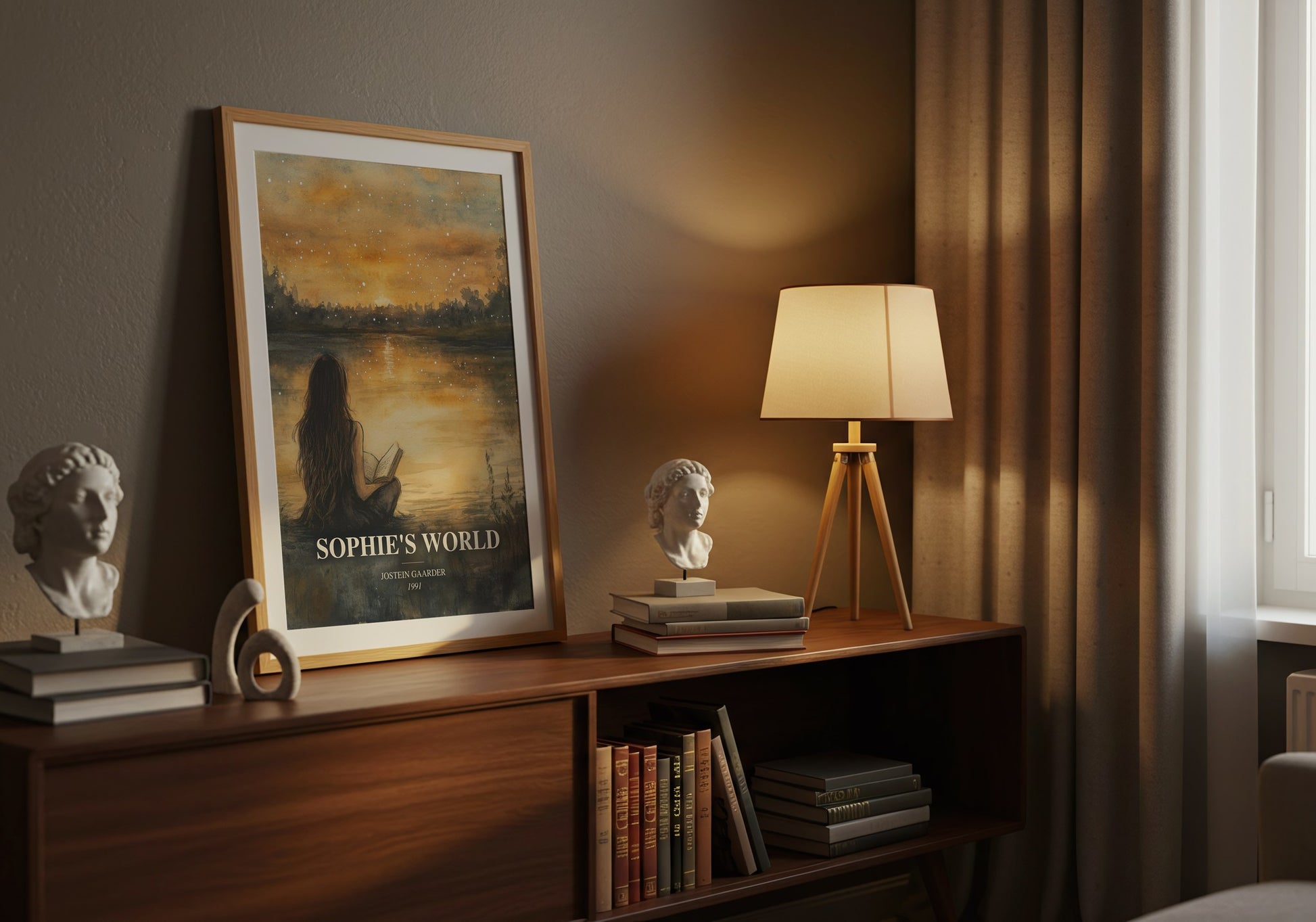 Sophie'S World watercolour print on bookshelf – Jostein Gaarder fan gift