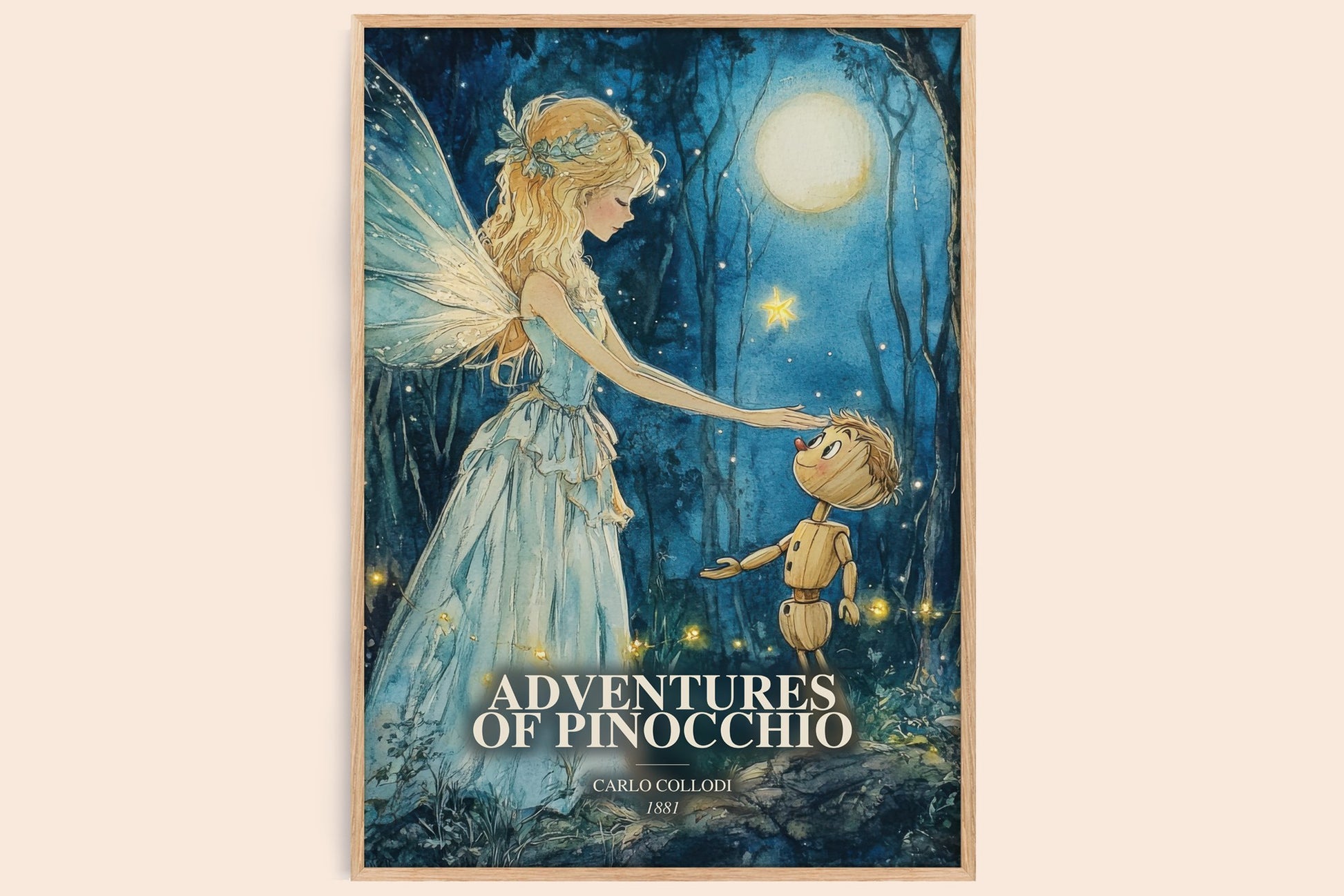 Adventures Of Pinocchio watercolour book poster by Carlo Collodi – framed literary art print