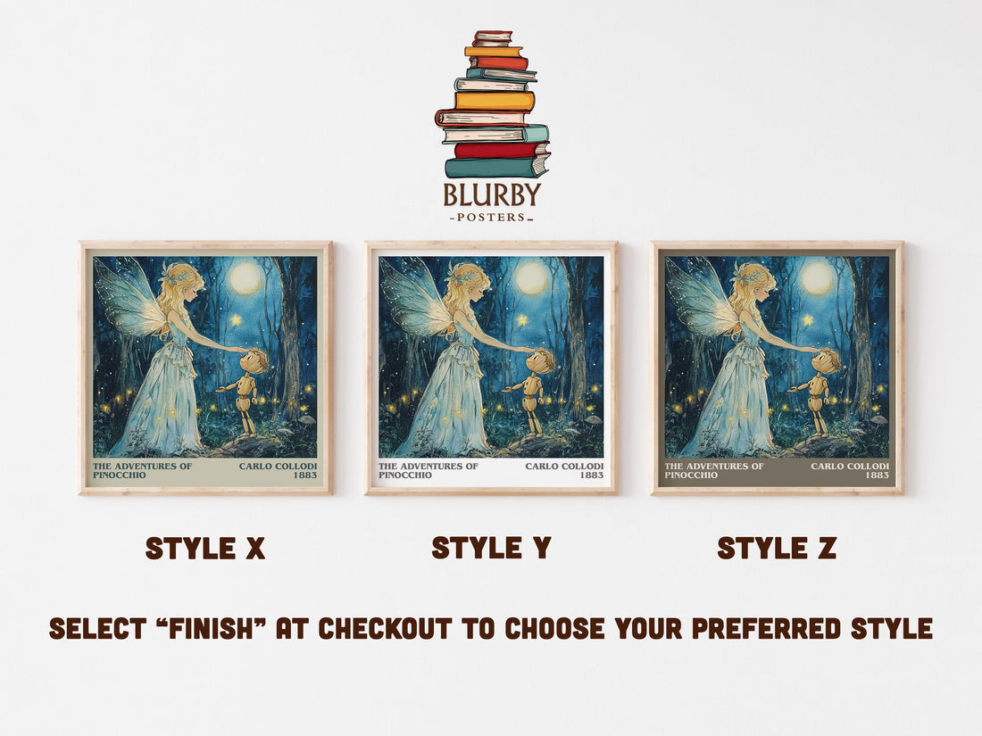 Adventures of Pinocchio literary print in frame leaning in hallway – childrens wall art (mockup)