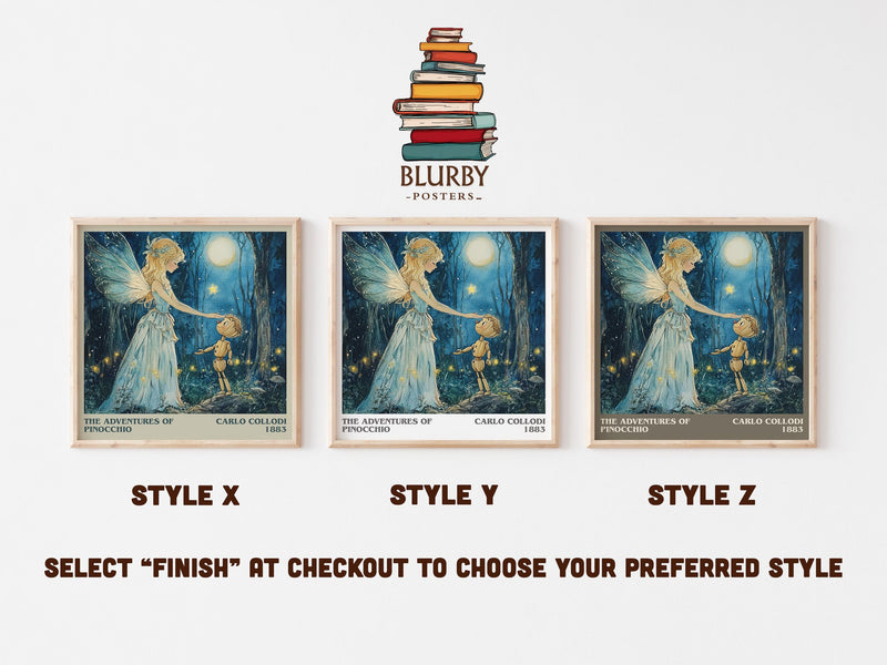 Adventures of Pinocchio literary print in frame leaning in hallway – childrens wall art