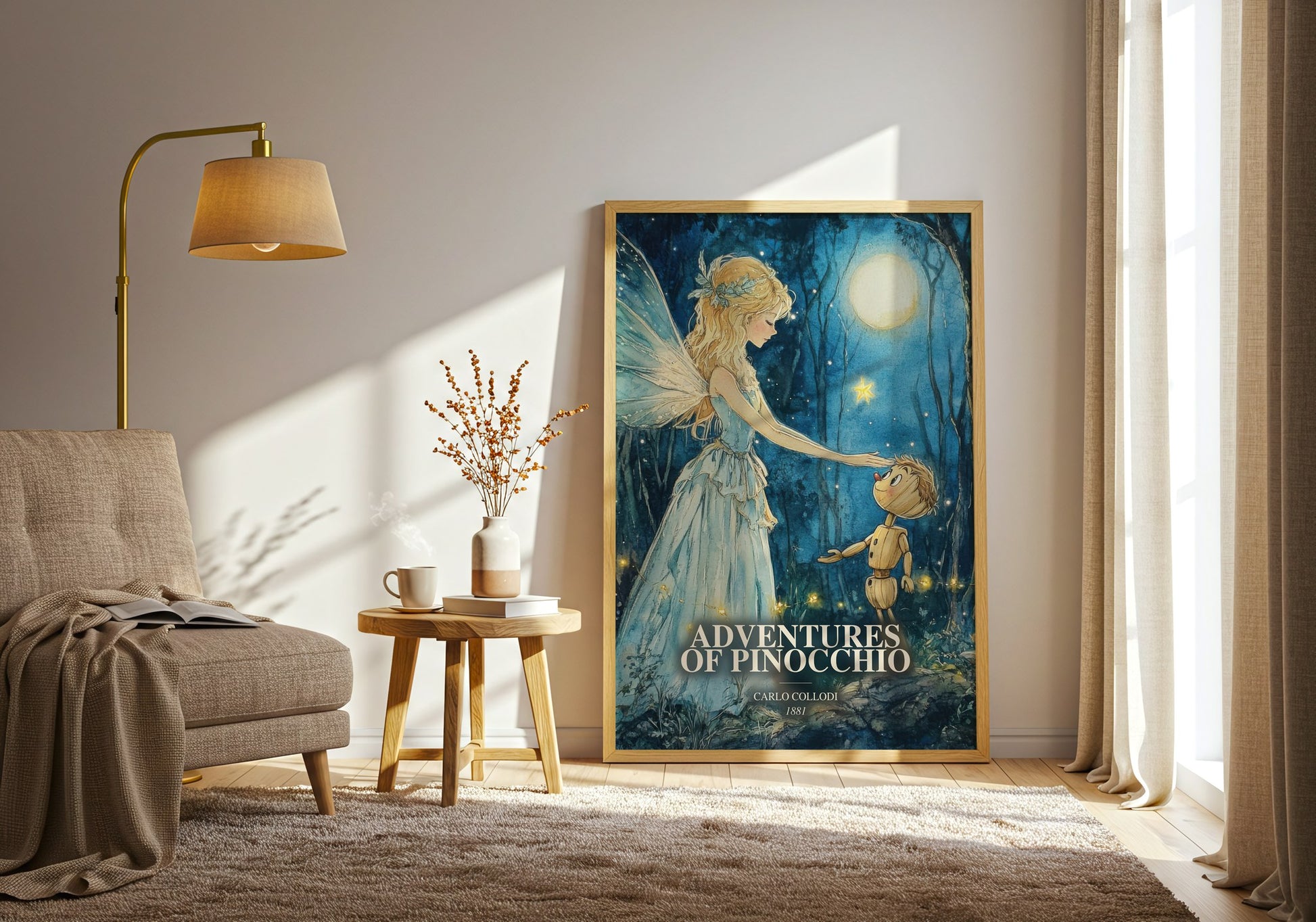 Adventures Of Pinocchio watercolour print in frame leaning in hallway – childrens wall art