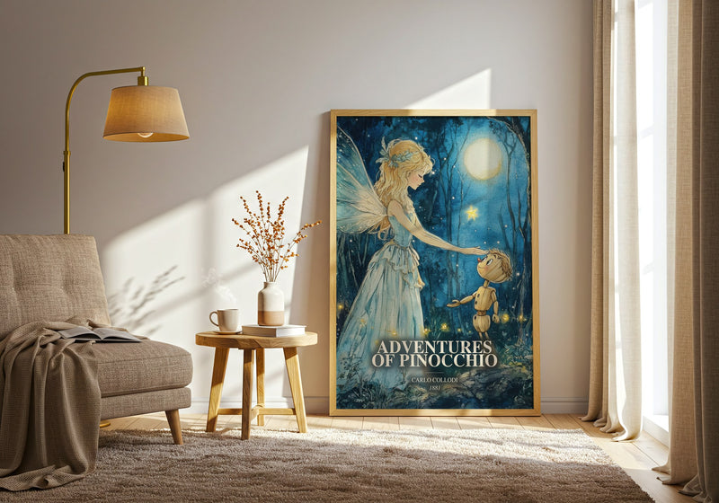 Adventures Of Pinocchio watercolour print in frame leaning in hallway – childrens wall art