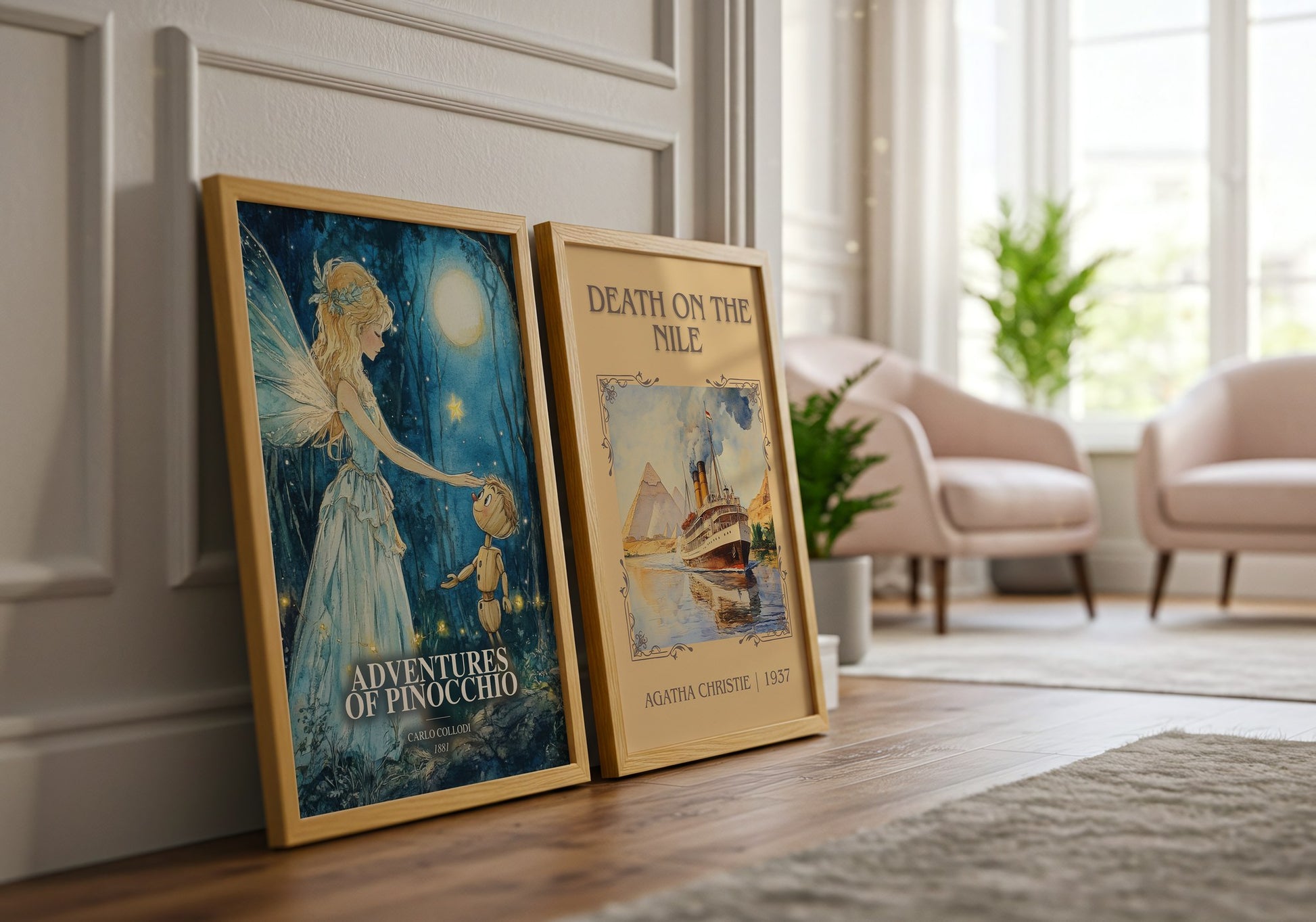 Adventures Of Pinocchio watercolour print framed by window – literary home decor