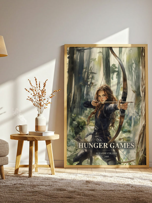 Hunger Games watercolour print in frame leaning in hallway – dystopian wall art