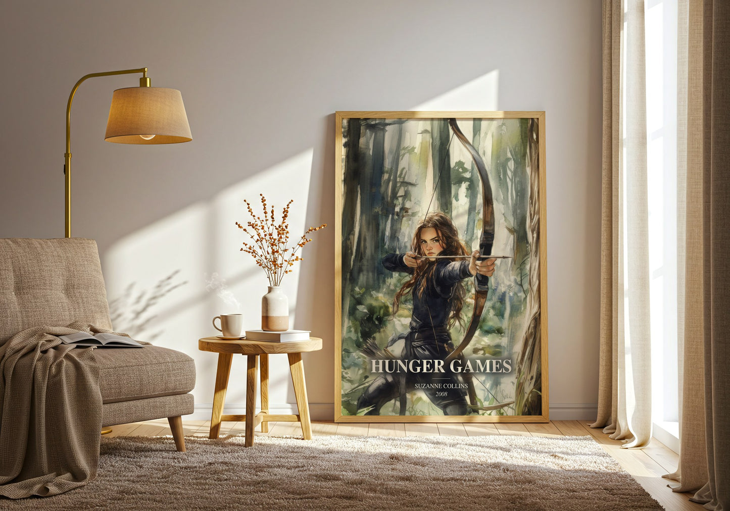 Hunger Games watercolour print in frame leaning in hallway – dystopian wall art