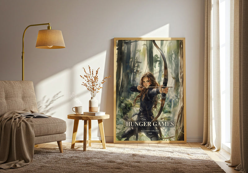 Hunger Games watercolour print in frame leaning in hallway – dystopian wall art