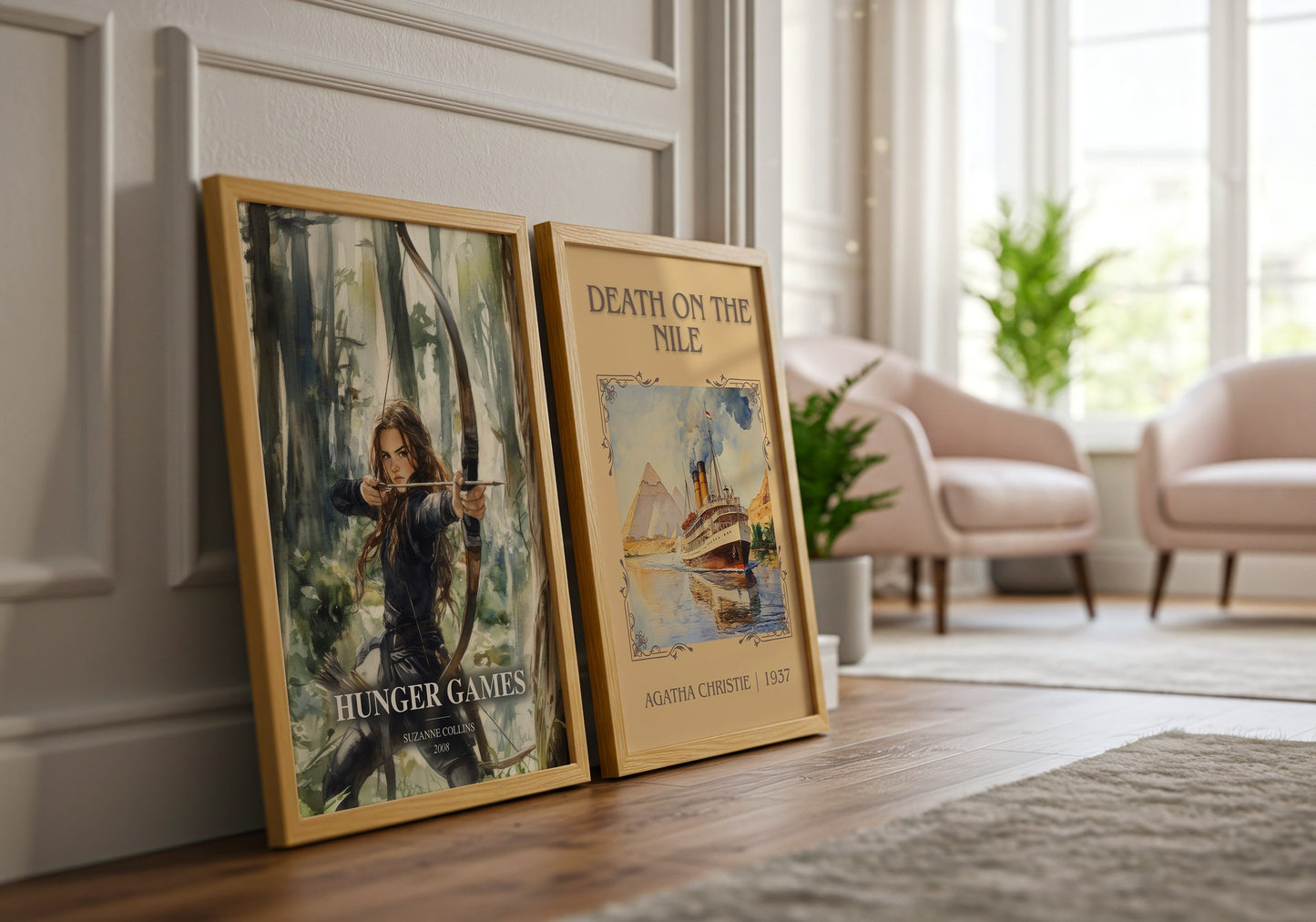 Hunger Games watercolour print framed by window – literary home decor