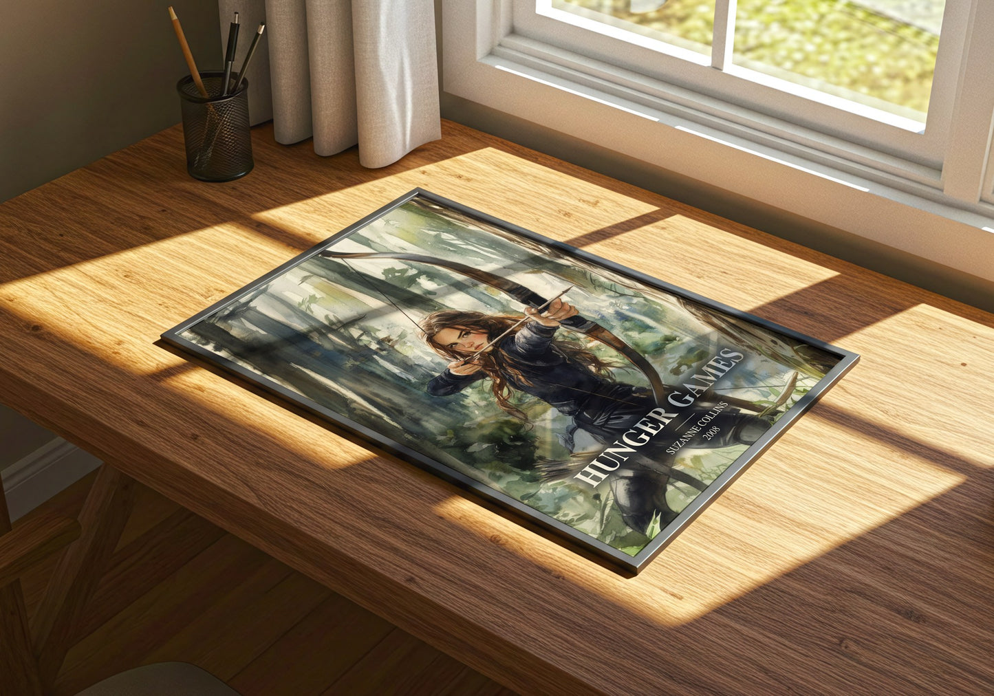 Hunger Games watercolour book poster framed on wall – dystopian wall art