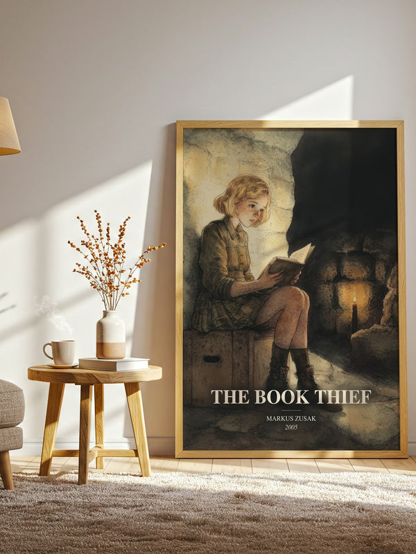 The Book Thief watercolour print in frame leaning in hallway – historical fiction wall art