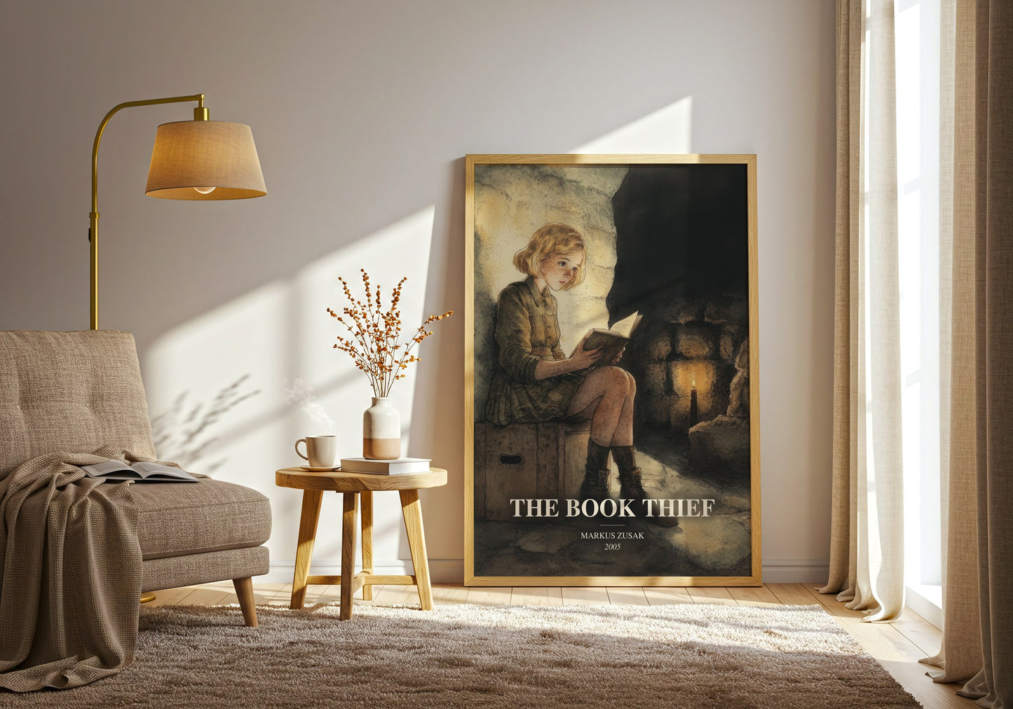 The Book Thief watercolour print in frame leaning in hallway – historical fiction wall art