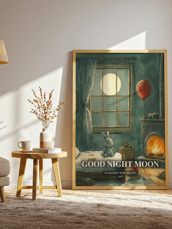 Good Night Moon watercolour print in frame leaning in hallway – childrens wall art
