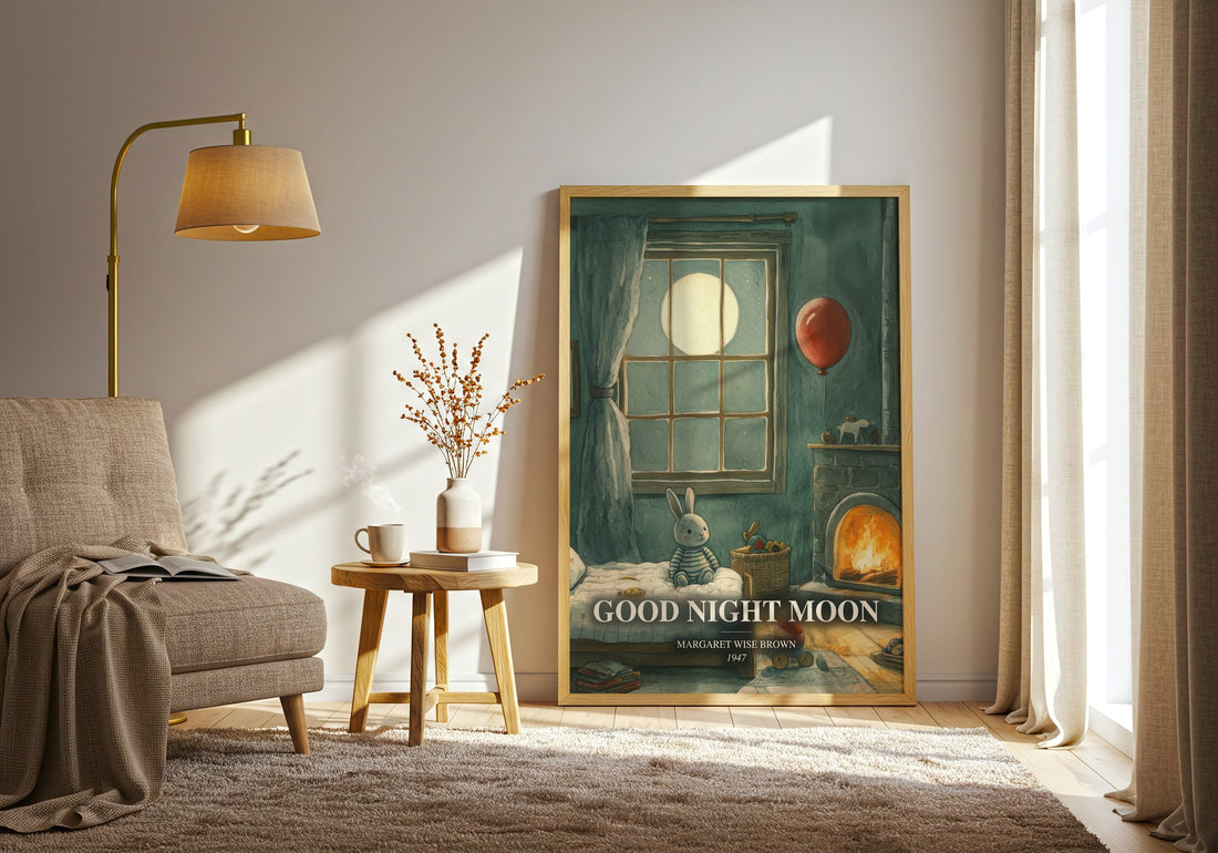 Good Night Moon watercolour print in frame leaning in hallway – childrens wall art (mockup)