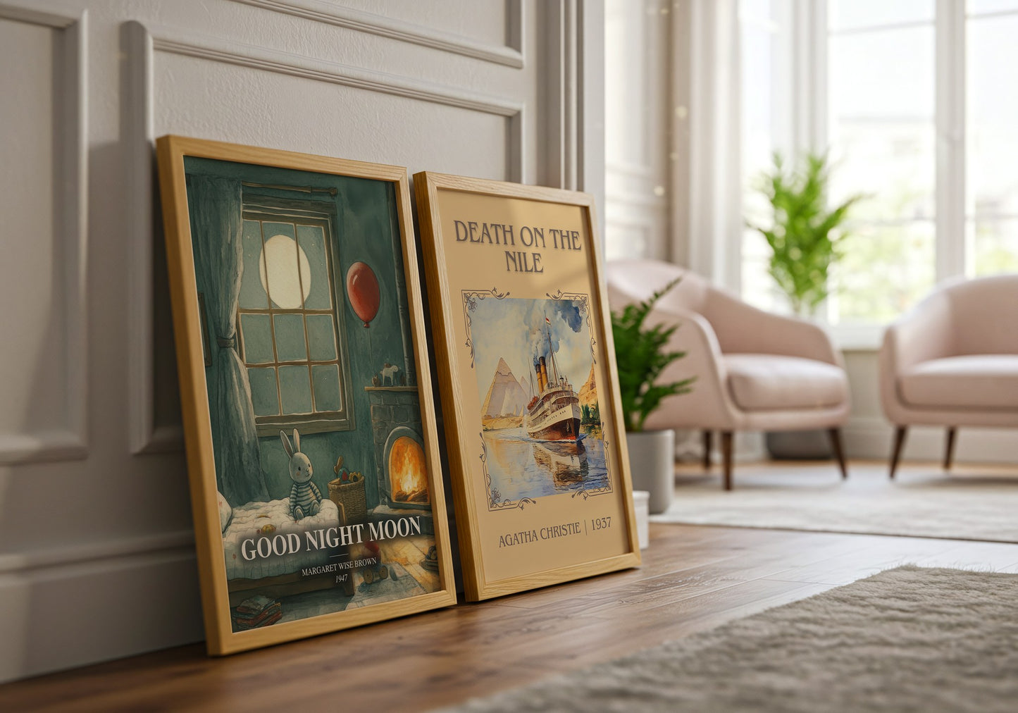 Good Night Moon watercolour print framed by window – literary home decor