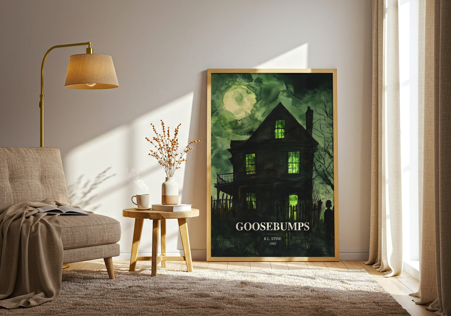 Goosebumps watercolour print in frame leaning in hallway – childrens wall art