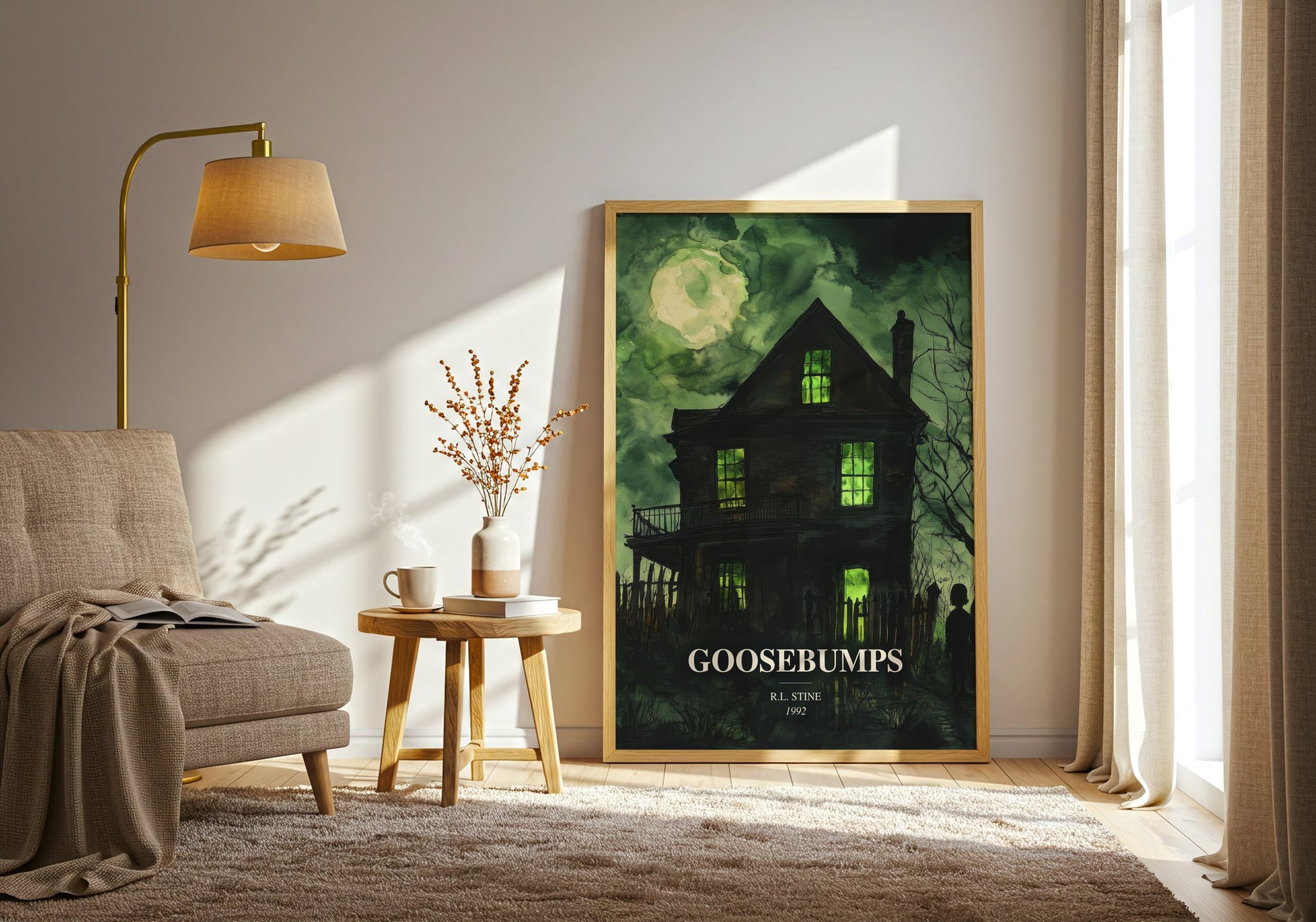 Goosebumps watercolour print in frame leaning in hallway – childrens wall art