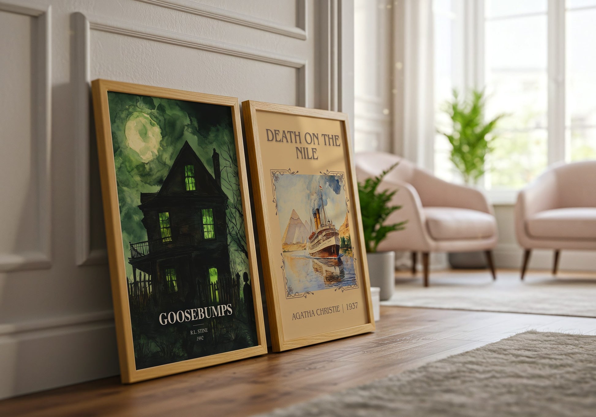 Goosebumps watercolour print framed by window – literary home decor