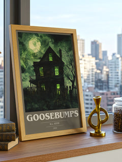 Goosebumps Book Cover Poster by R.L. Stine – framed print on a city-view windowsill