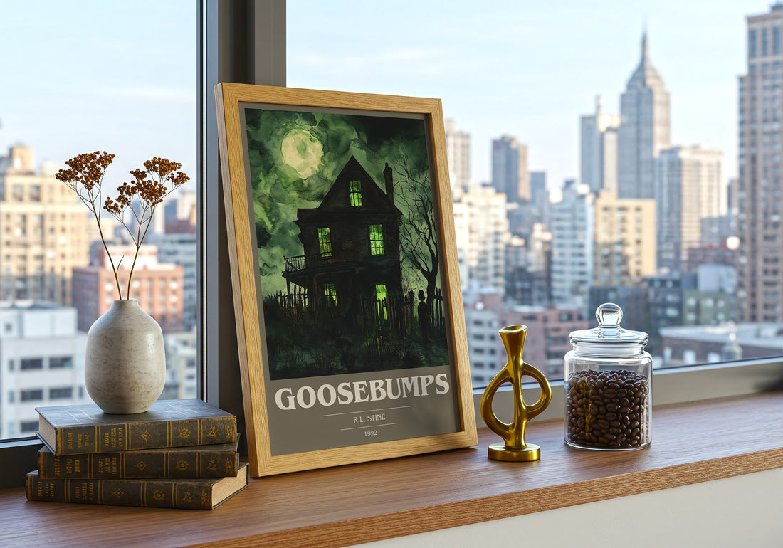 Goosebumps Book Cover Poster by R.L. Stine – framed print on a city-view windowsill