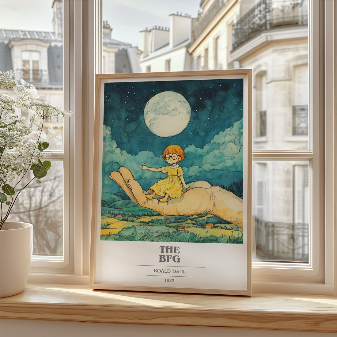 The BFG Book Cover Poster by Roald Dahl – framed print by a bright window
