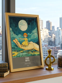 The BFG Book Cover Poster by Roald Dahl – framed print on a city-view windowsill