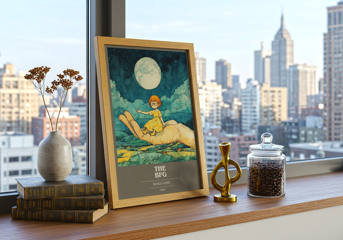 The BFG Book Cover Poster by Roald Dahl – framed print on a city-view windowsill
