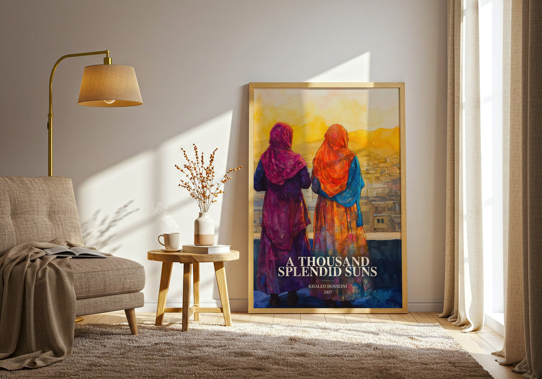 A Thousand Splendid Suns watercolour print in frame leaning in hallway – literary fiction wall art (mockup)