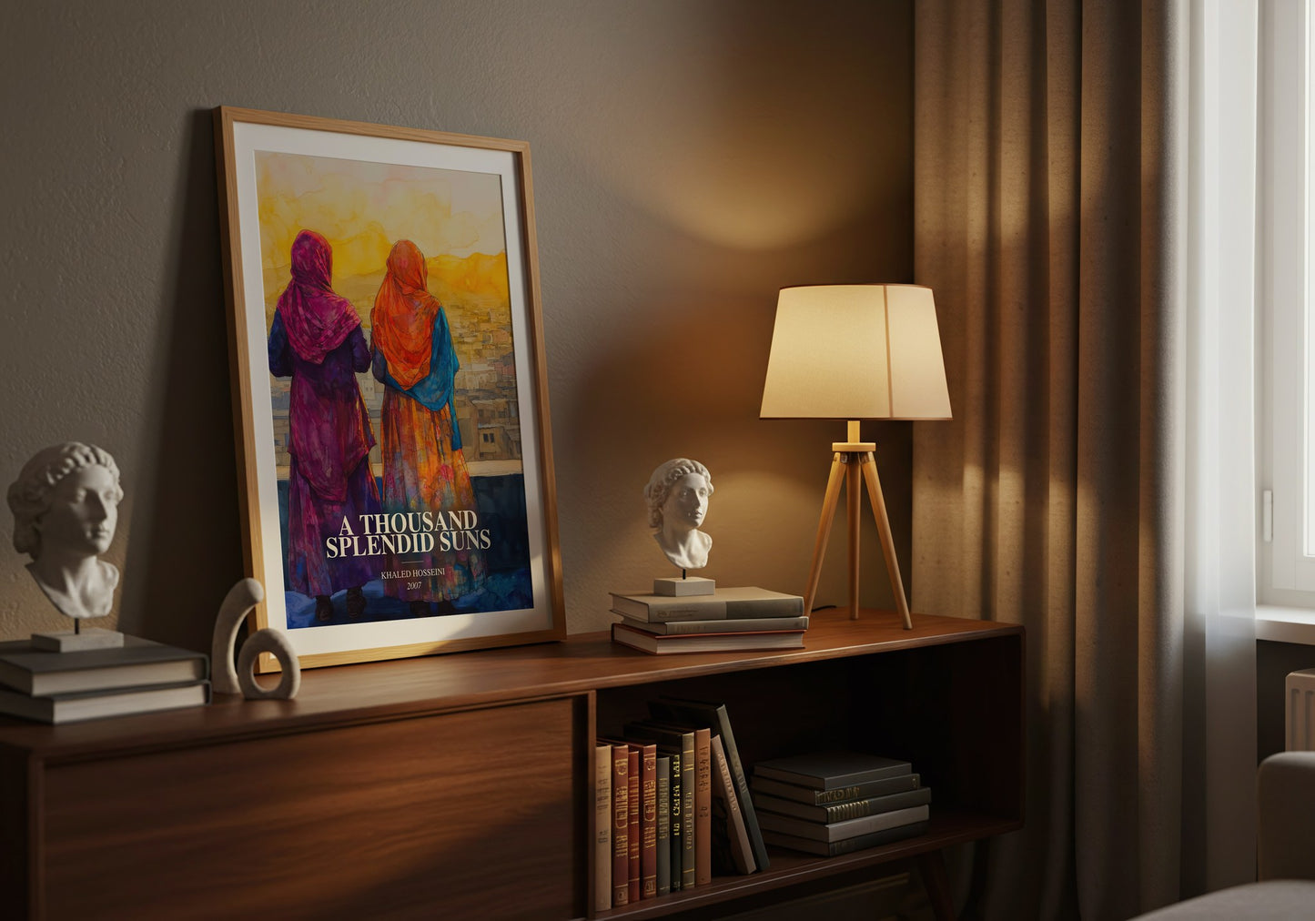 A Thousand Splendid Suns watercolour print on bookshelf – Khaled Hosseini fan gift