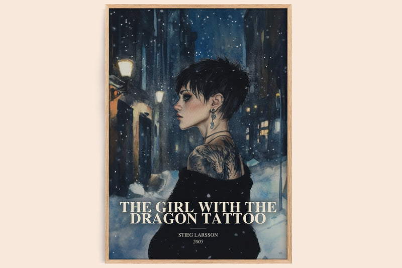 The Girl With The Dragon Tattoo watercolour book poster by Stieg Larsson – framed literary art print