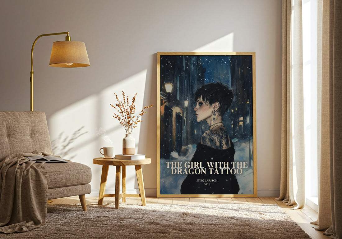 The Girl With The Dragon Tattoo watercolour print in frame leaning in hallway – thriller wall art (mockup)
