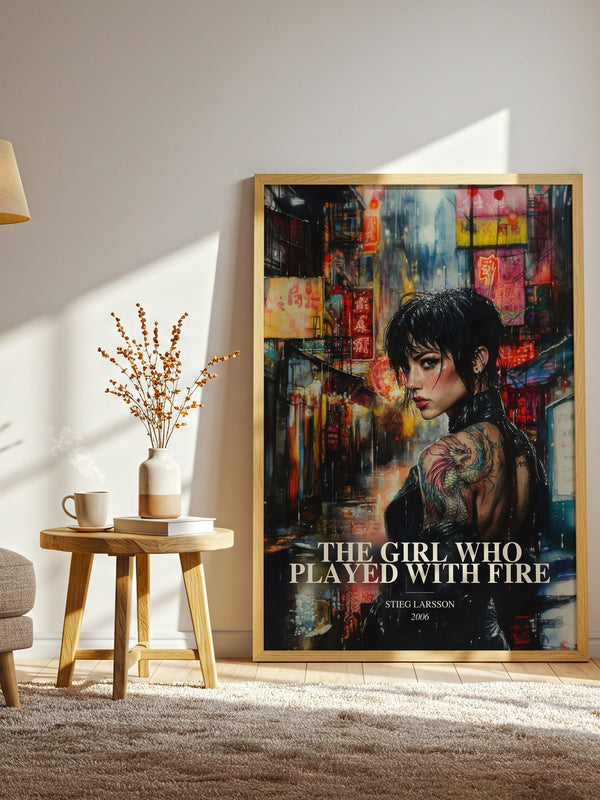 The Girl Who Played With Fire watercolour print in frame leaning in hallway – thriller wall art