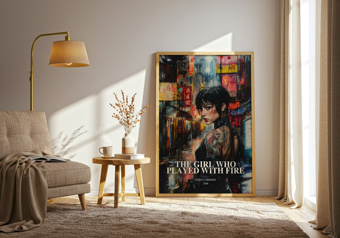 The Girl Who Played With Fire watercolour print in frame leaning in hallway – thriller wall art (mockup)