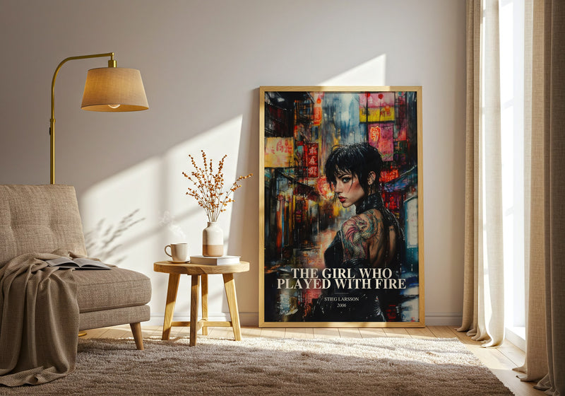 The Girl Who Played With Fire watercolour print in frame leaning in hallway – thriller wall art