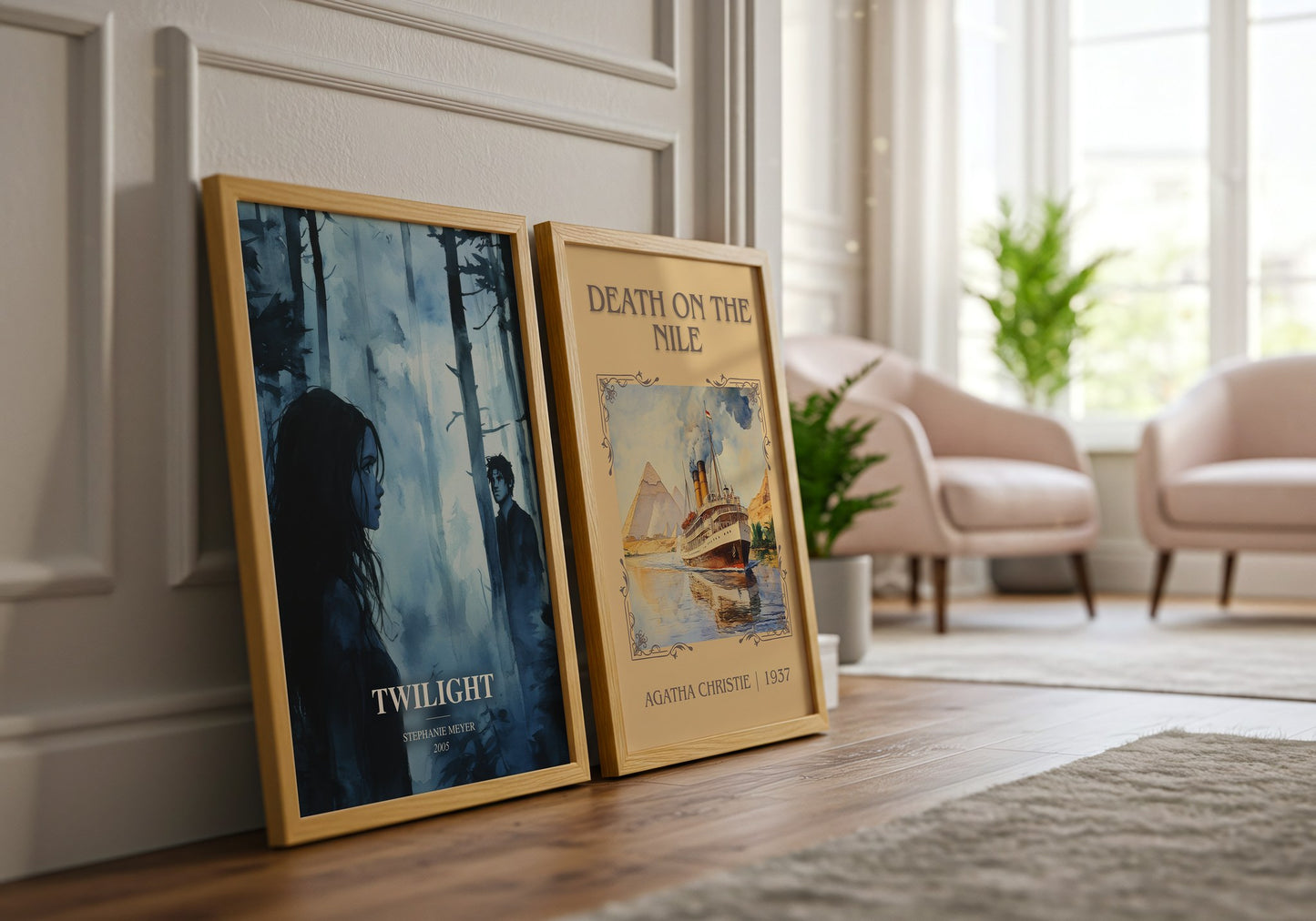 Twilight watercolour print framed by window – literary home decor