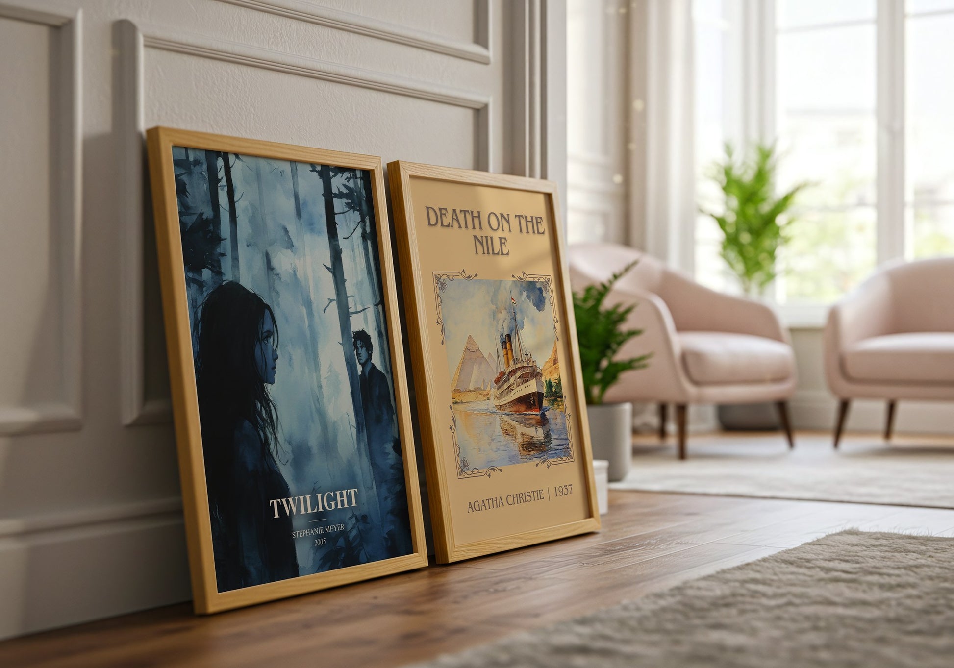 Twilight watercolour print framed by window – literary home decor