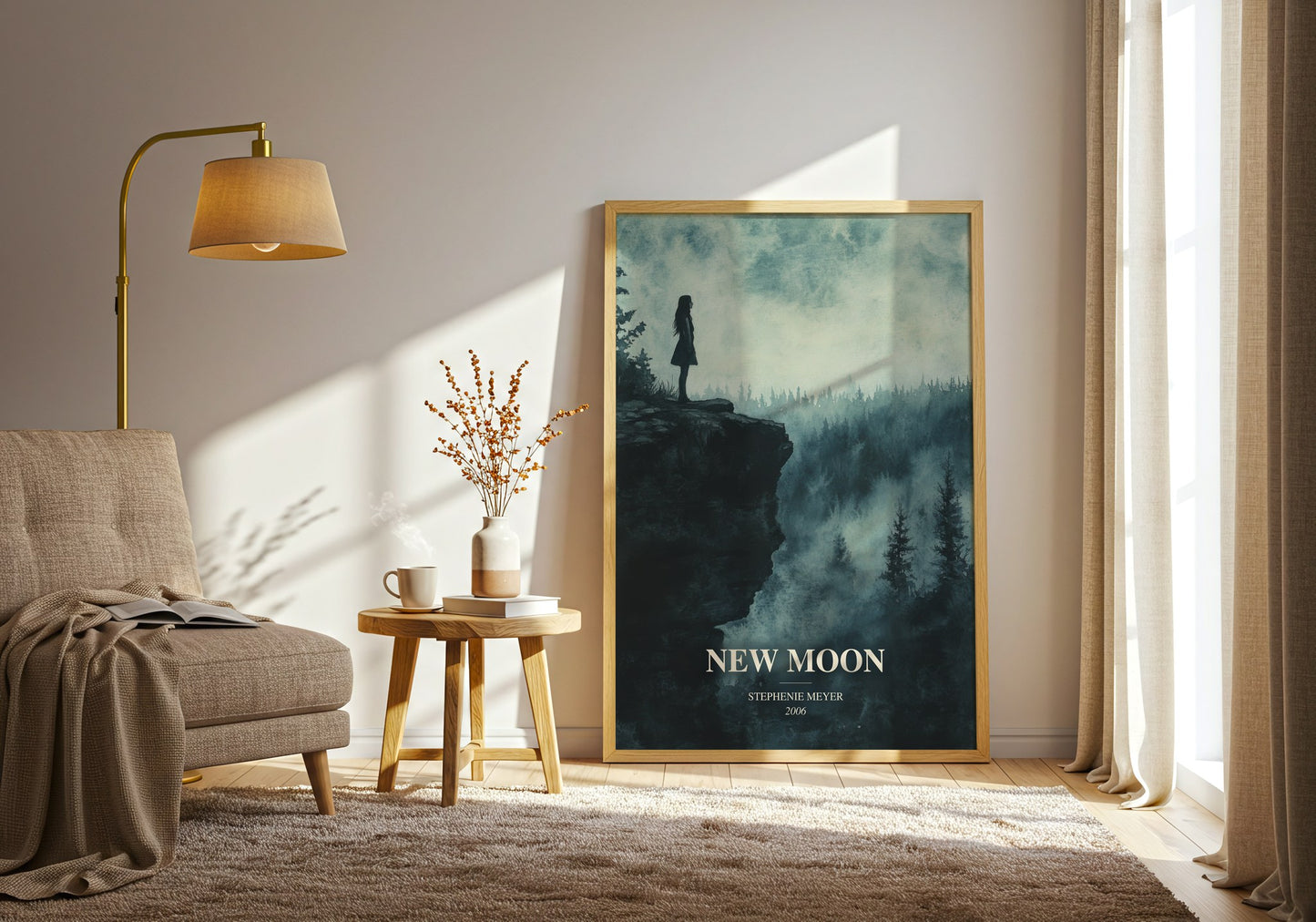 New Moon watercolour print in frame leaning in hallway – young adult wall art