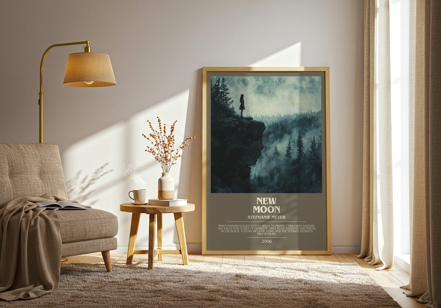 New Moon bookish print framed by window – literary home decor