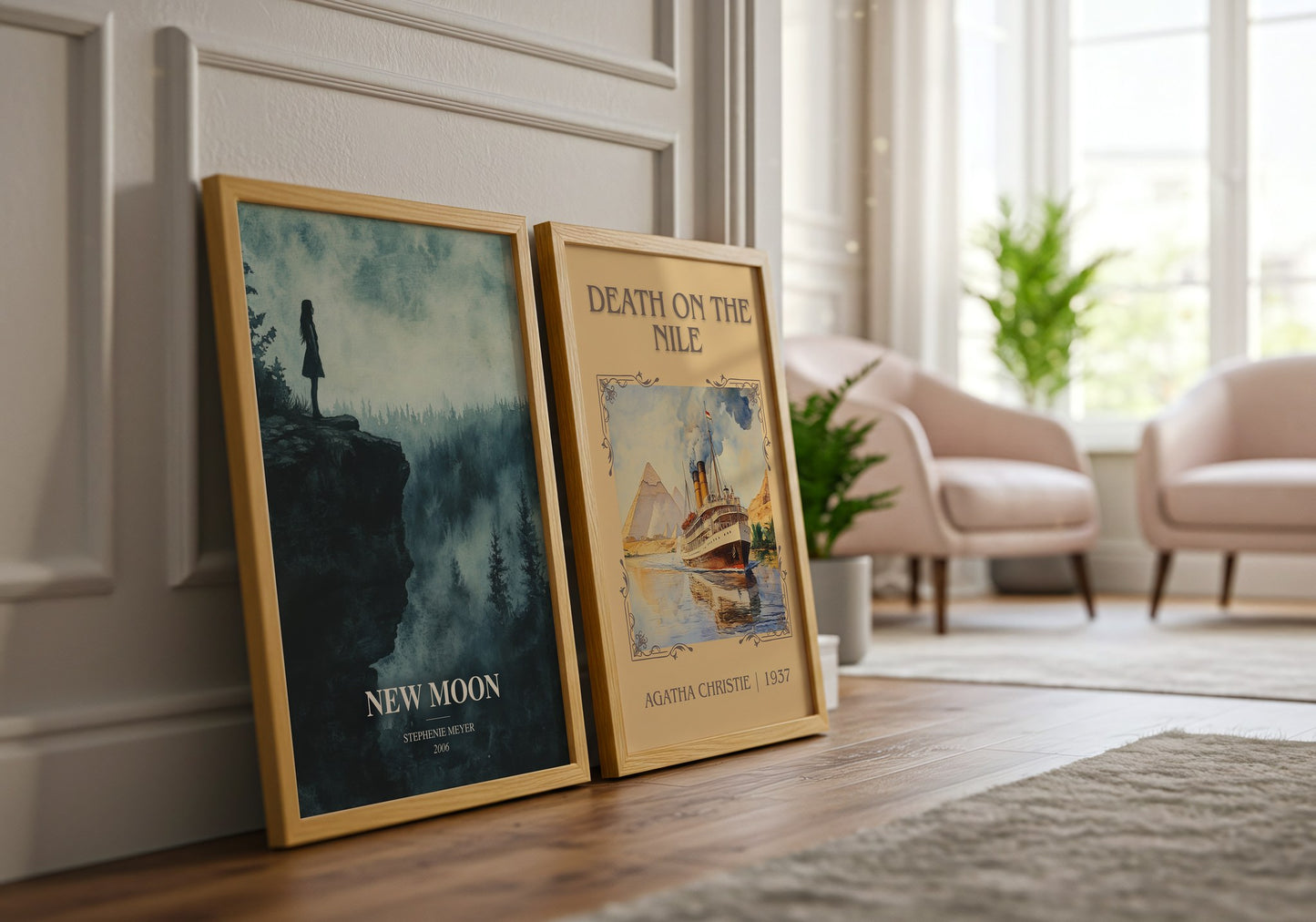 New Moon watercolour print framed by window – literary home decor
