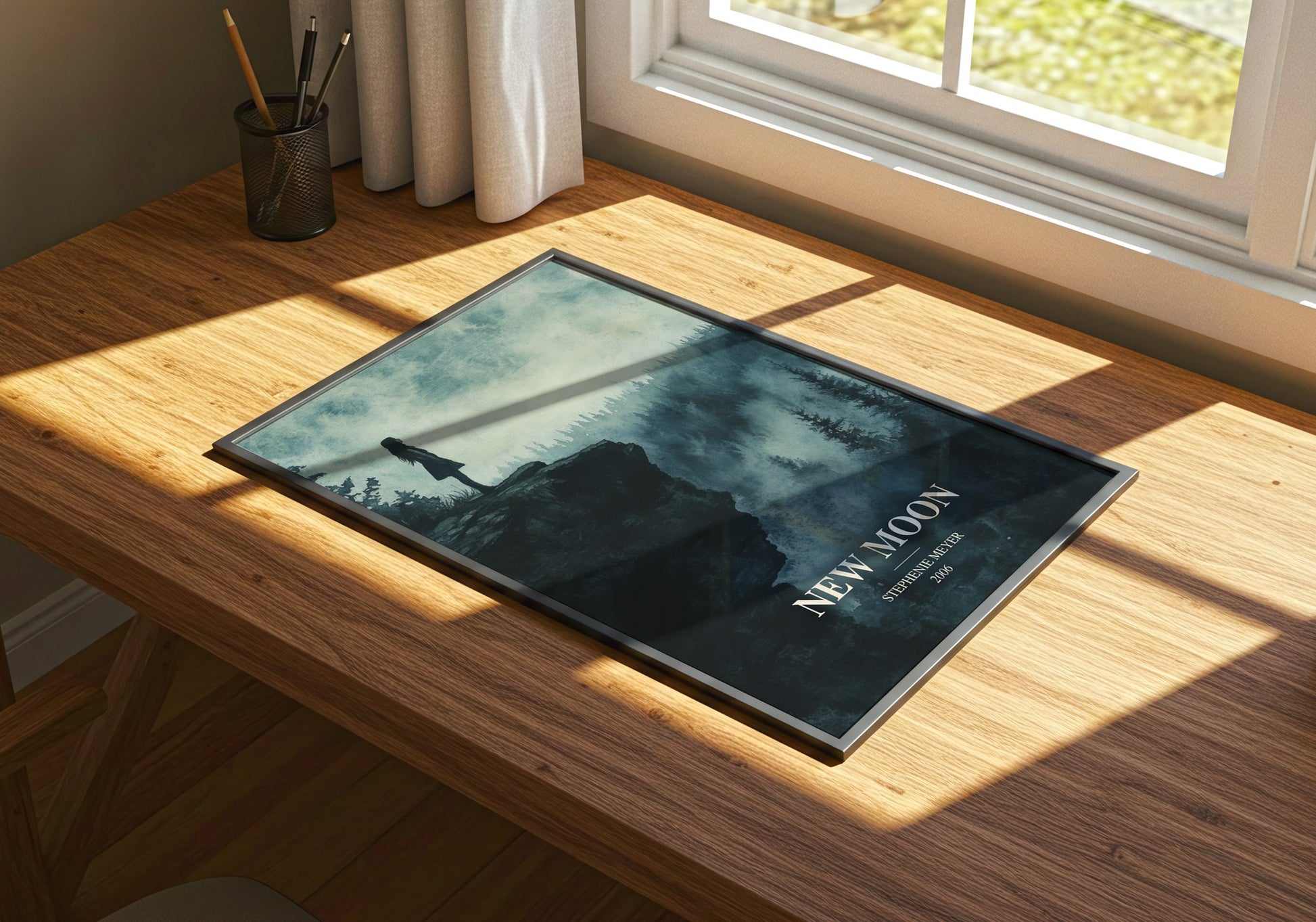 New Moon watercolour book poster framed on wall – young adult wall art