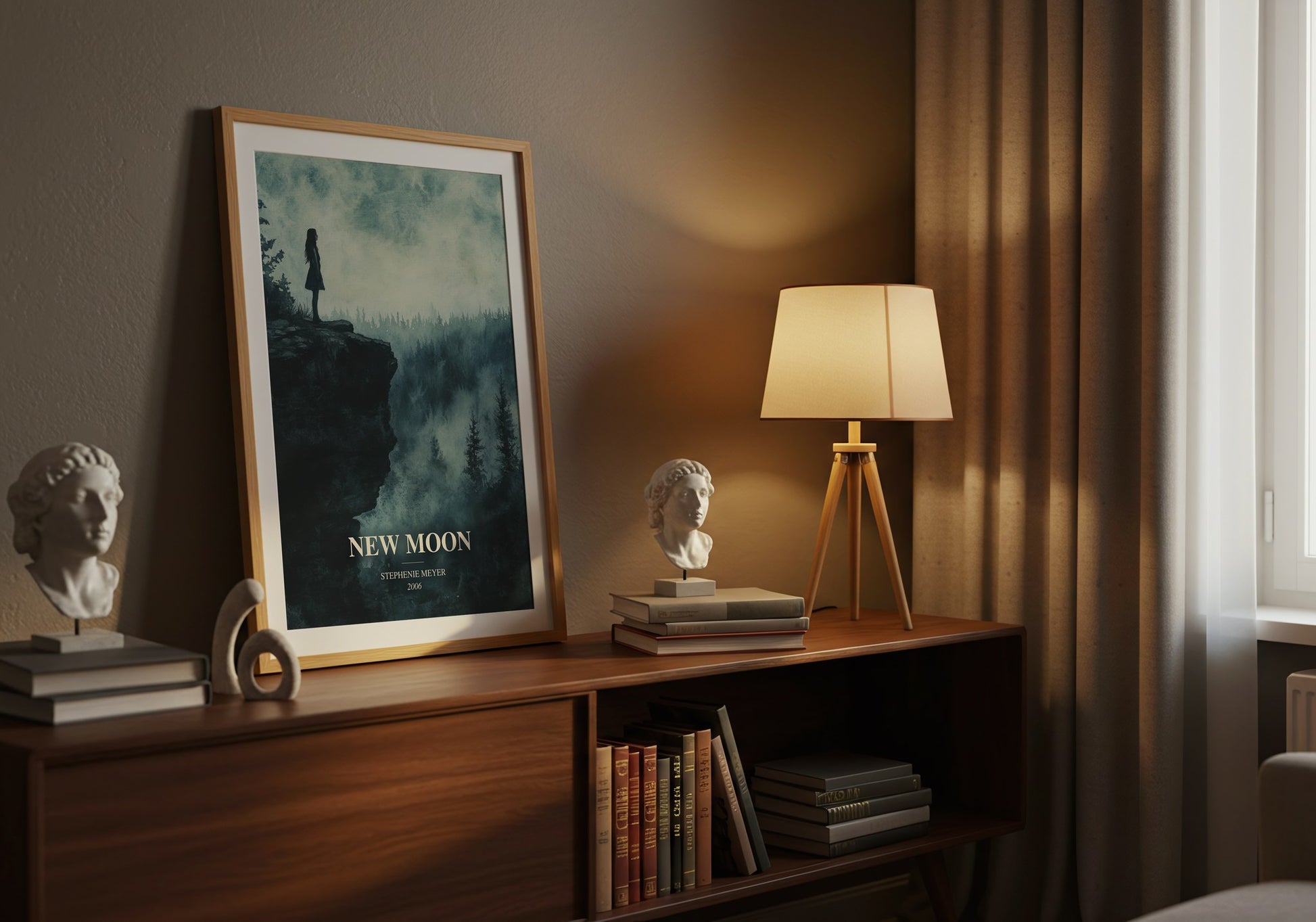 New Moon watercolour print on bookshelf – Stephenie Meyer fan gift