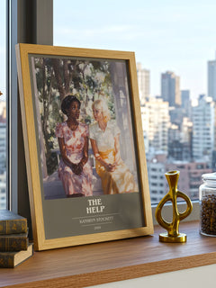 The Help Book Cover Poster by Kathryn Stockett – framed print on a city-view windowsill