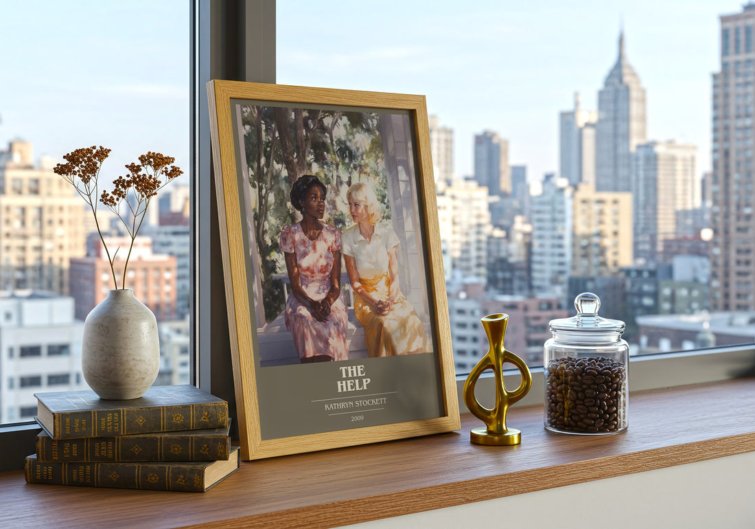 The Help Book Cover Poster by Kathryn Stockett – framed print on a city-view windowsill