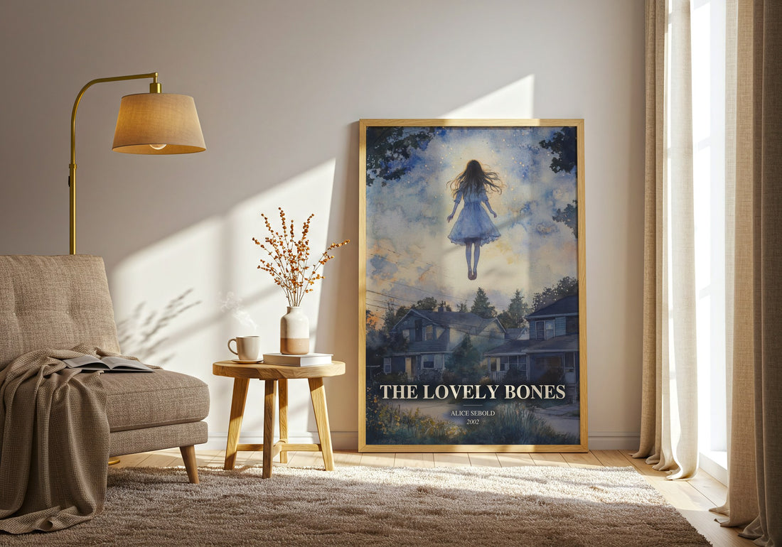 The Lovely Bones watercolour print in frame leaning in hallway – literary fiction wall art (mockup)