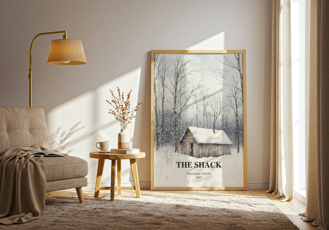The Shack watercolour print in frame leaning in hallway – literary fiction wall art (mockup)