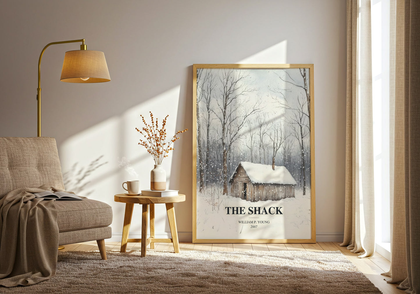 The Shack watercolour print in frame leaning in hallway – literary fiction wall art