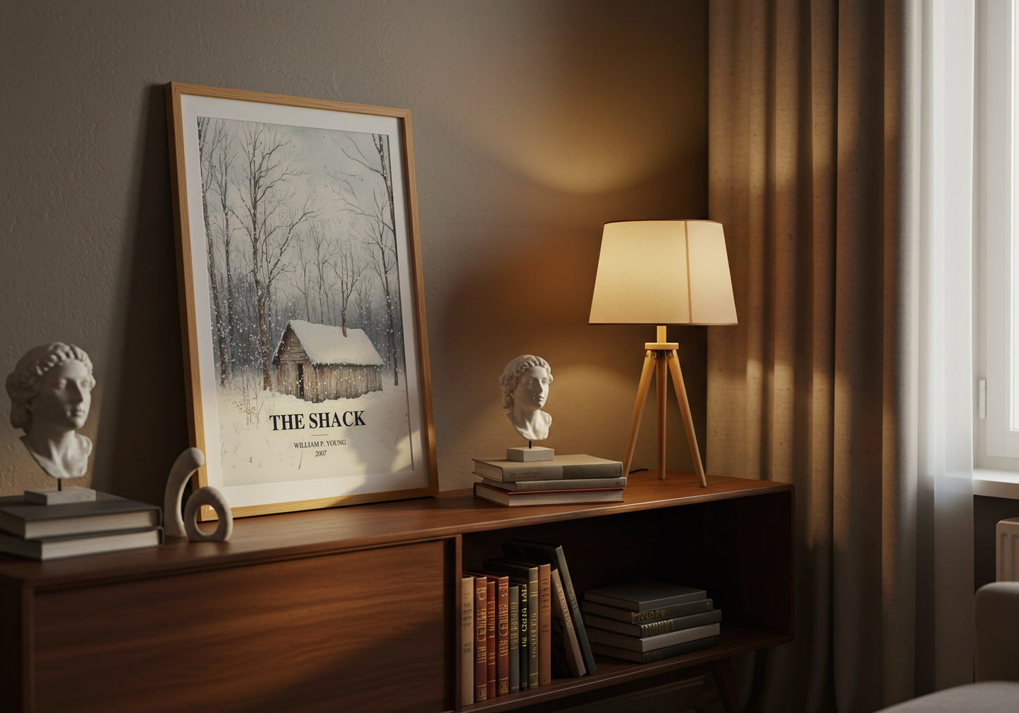 The Shack watercolour print on bookshelf – William P. Young fan gift