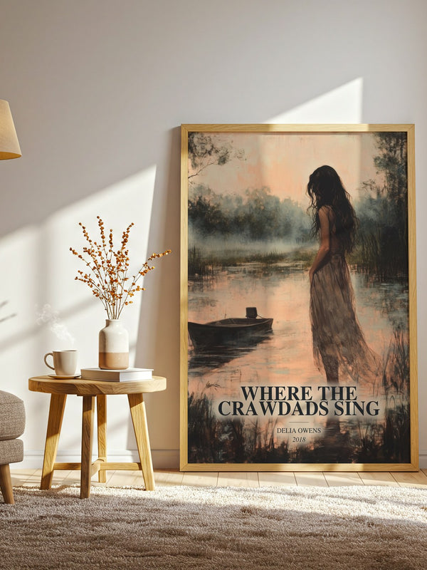 Where The Crawdads Sing watercolour print in frame leaning in hallway – contemporary fiction wall art