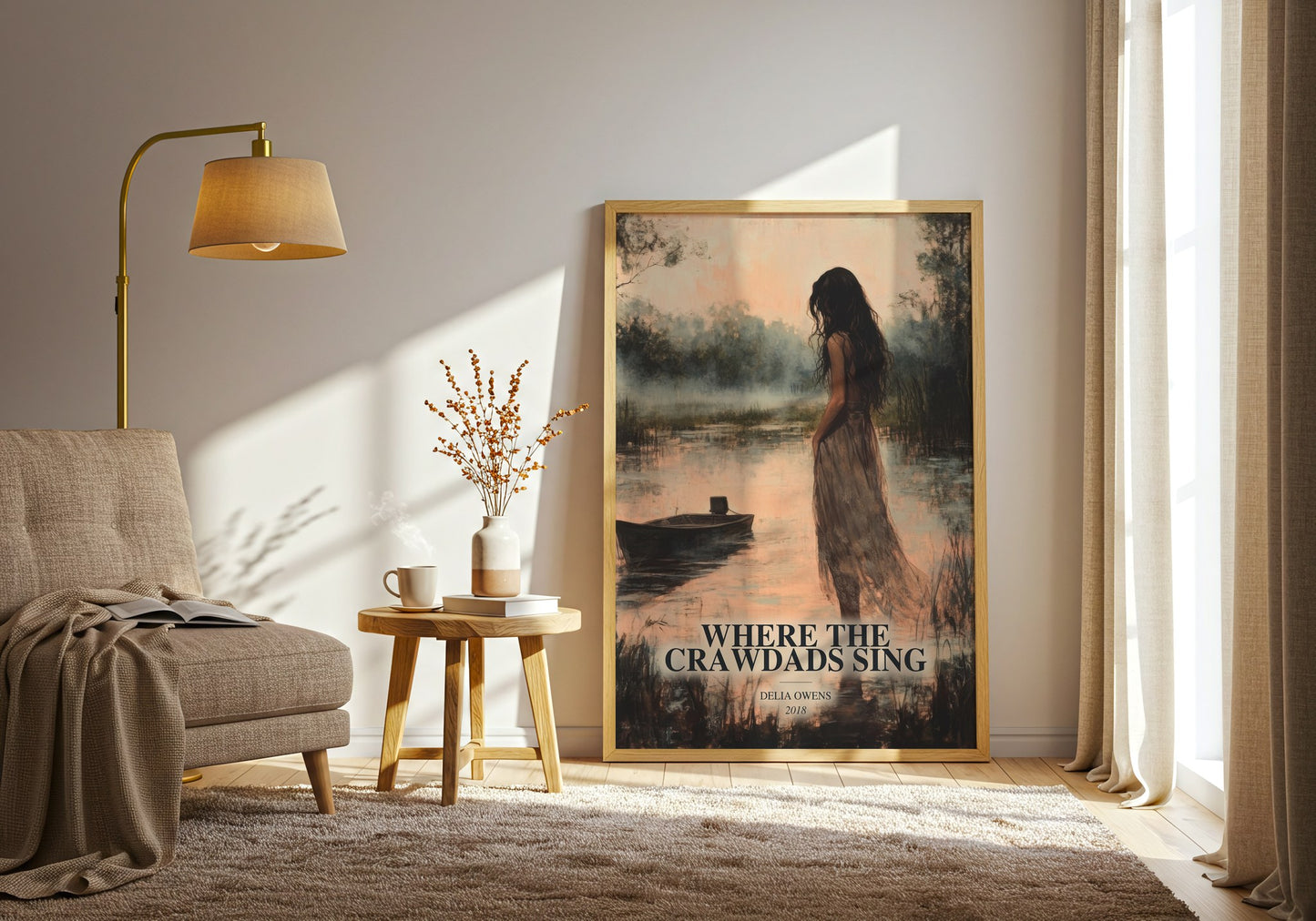 Where The Crawdads Sing watercolour print in frame leaning in hallway – contemporary fiction wall art