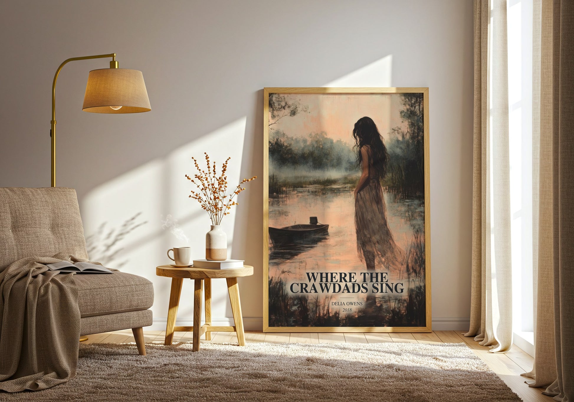Where The Crawdads Sing watercolour print in frame leaning in hallway – contemporary fiction wall art
