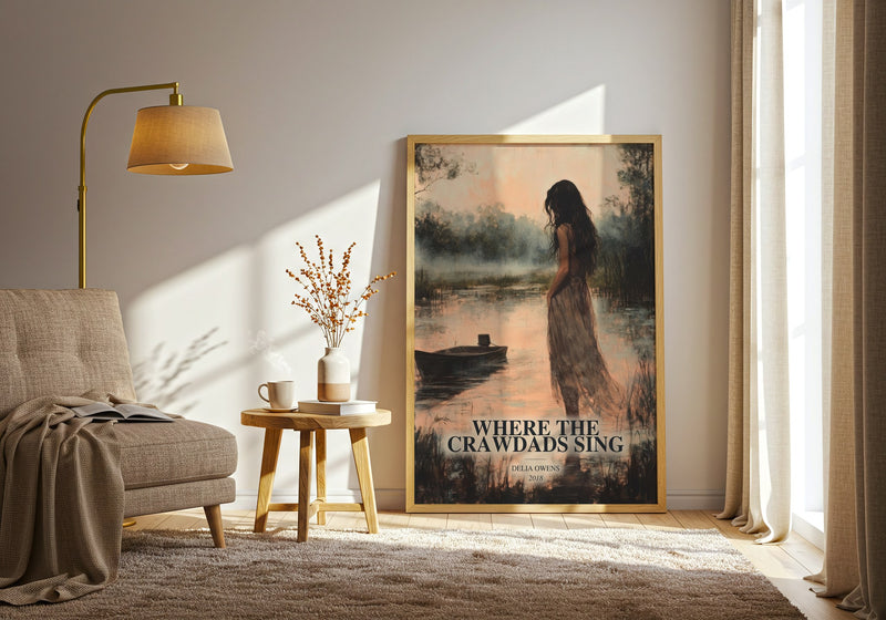 Where The Crawdads Sing watercolour print in frame leaning in hallway – contemporary fiction wall art
