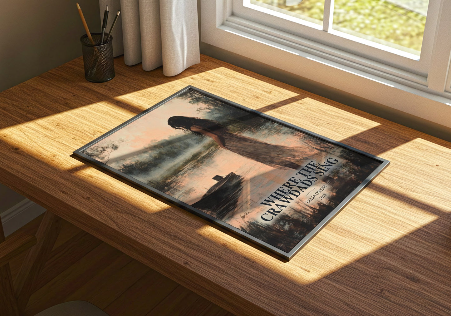 Where The Crawdads Sing watercolour book poster framed on wall – contemporary fiction wall art